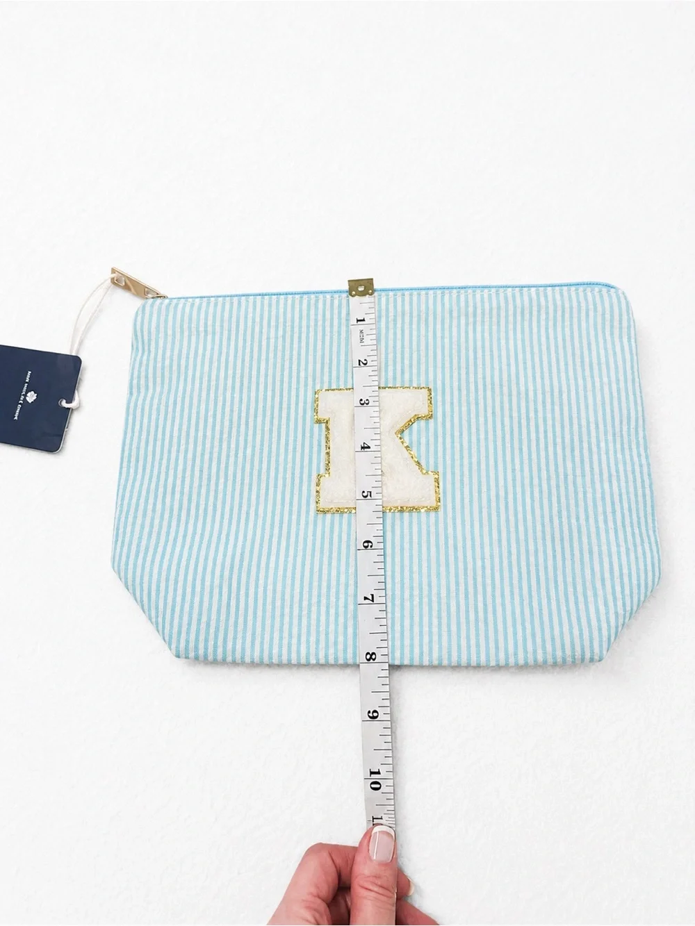 YOOLIFE Seersucker Initial “K” Cosmetic / Makeup Bag – Aqua Stripe NWT